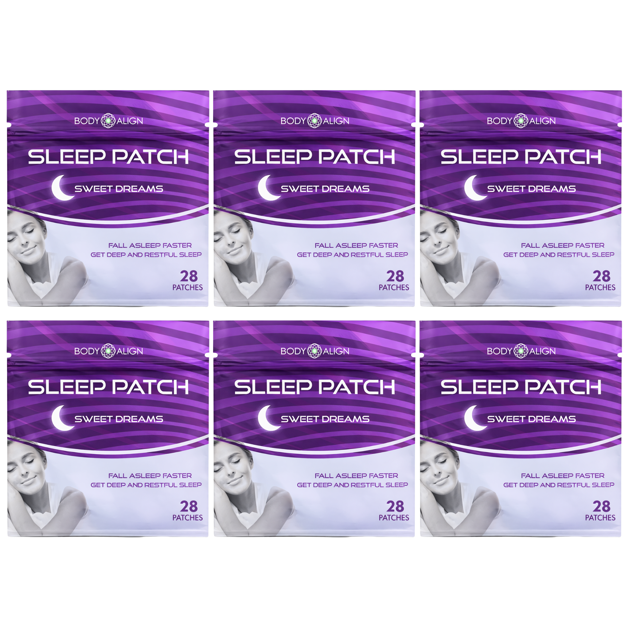 Six packages of Body Align Sleep Patch on a white background