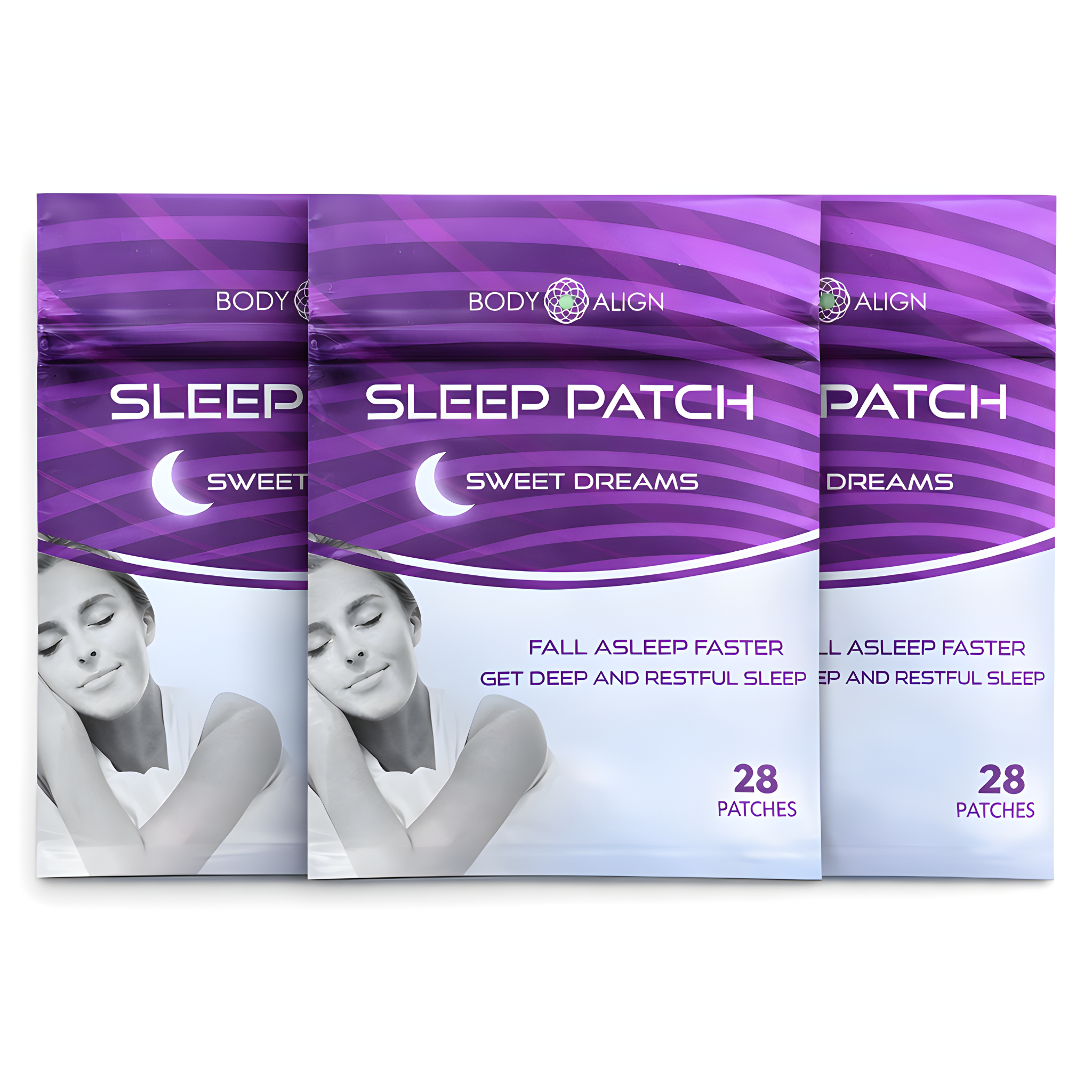 Three packages of Body Align Sleep Patch on a white background