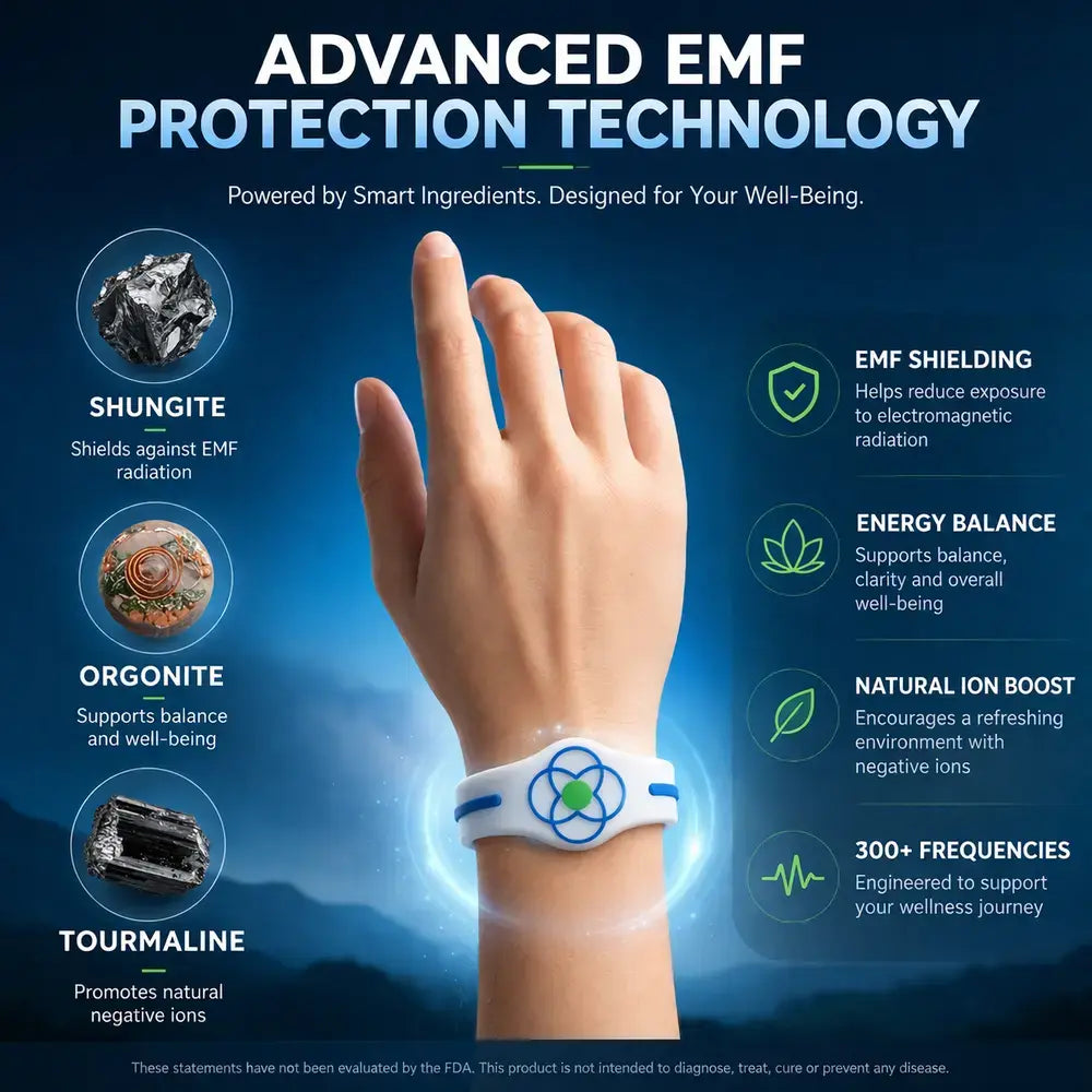 Hand wearing a bracelet with advanced EMF protection technology on a blue background