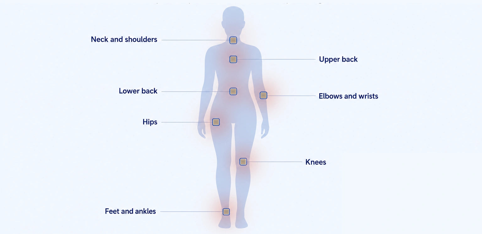 Body map showing where to place the Body Relief Patch