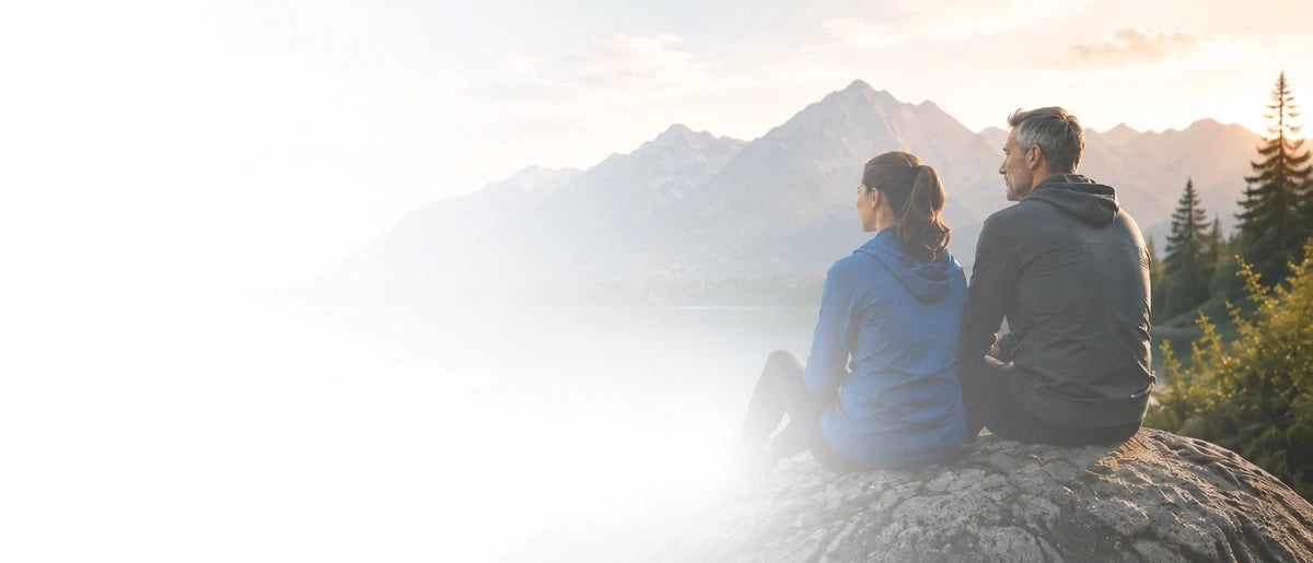 Two people sitting on a rock overlooking a mountain landscape at sunset.