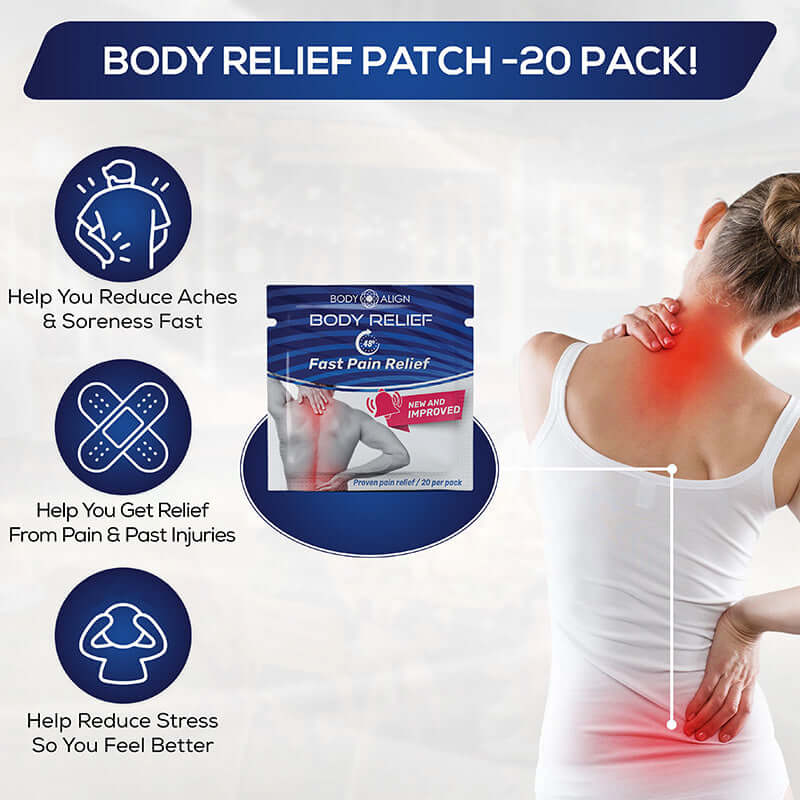 Body Relief - Pain Patches product image showcasing 20 pack for quick pain relief and reduced soreness.