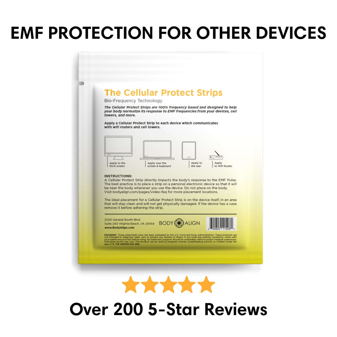 EMF Protection Strips packaging showing instructions and reviews for protecting devices from EMF.