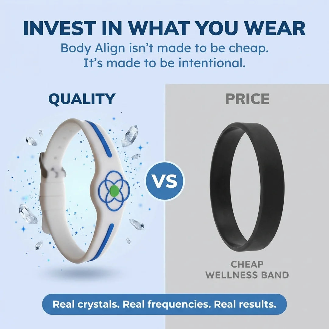 Advertisement comparing a emf protection bracelet to a cheap one, with text about investing in quality over price.