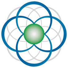 Abstract design featuring interlocking circles and a central green sphere, representing unity and harmony.