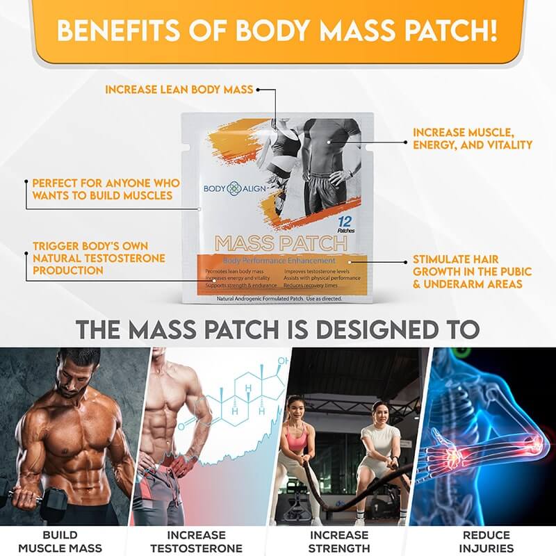 Mass Patch body performance enhancement patch for strength training support, workout recovery, and active fitness wellness.