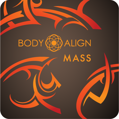 A Body Align Mass Patch with rounded corners featuring the words 'BODY ALIGN MASS' in orange-gold lettering on a dark brown background, surrounded by abstract orange and red tribal-style line art.