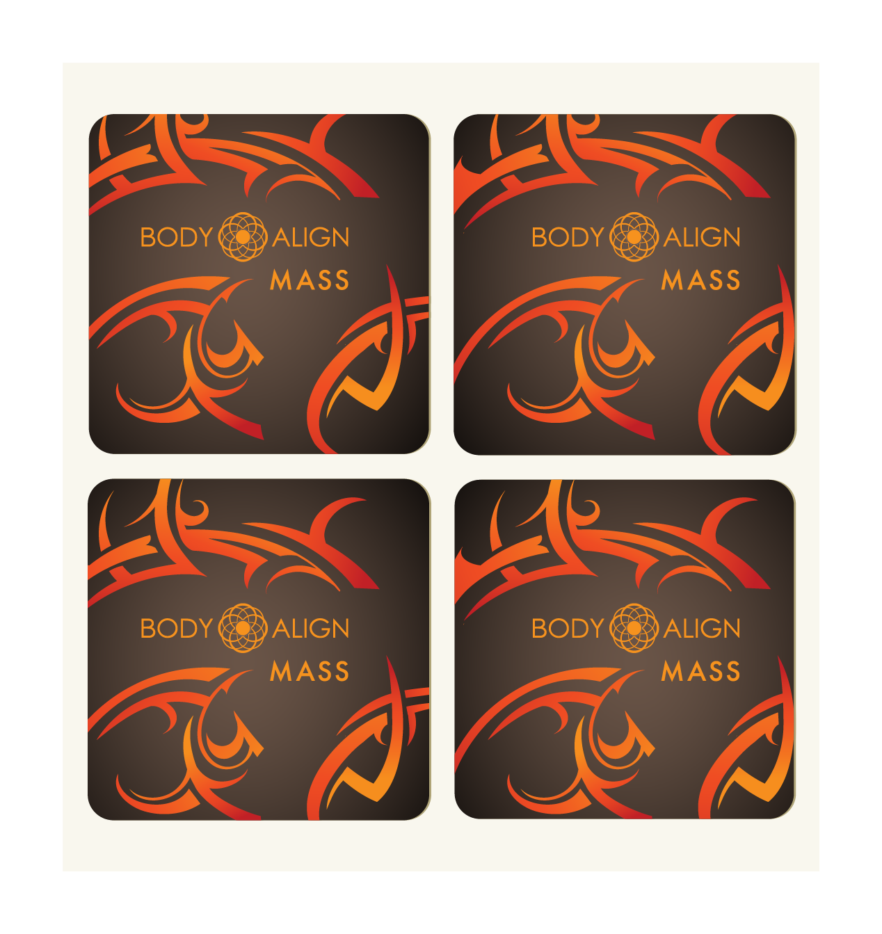 Four Body Align Mass Patches arranged in a 2x2 grid on a light beige background. Each card has rounded corners, a dark brown background, an orange and red abstract tribal-style graphic, and the text 'BODY ALIGN MASS' in gold.