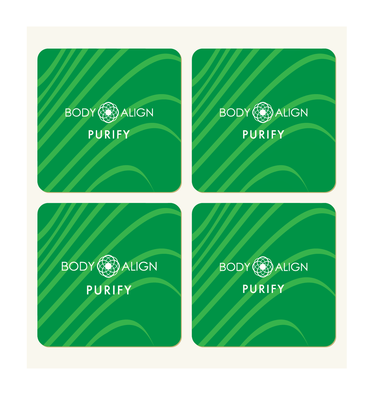 Four green square Purify Patches with rounded corners arranged in a 2x2 grid on a light beige background. Each patch features the white text 'BODY ALIGN PURIFY' and a circular logo in the center.