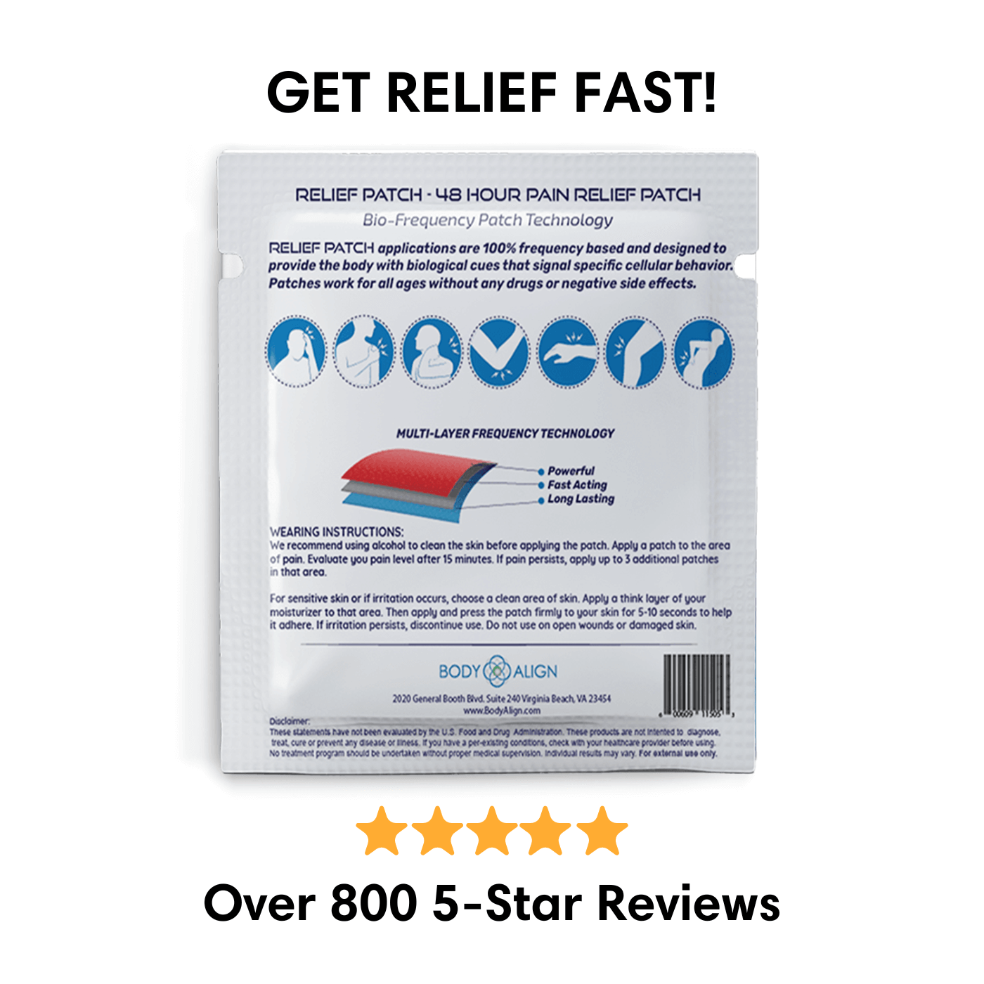 Body Relief - Pain Patches 48 hour wear for effective bio-frequency pain relief, featured with 5-star reviews.