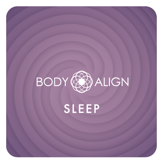 A Sleep Patch with rounded corners featuring concentric purple rings on a lavender background and white text reading 'BODY ALIGN SLEEP' with a geometric logo between the words.
