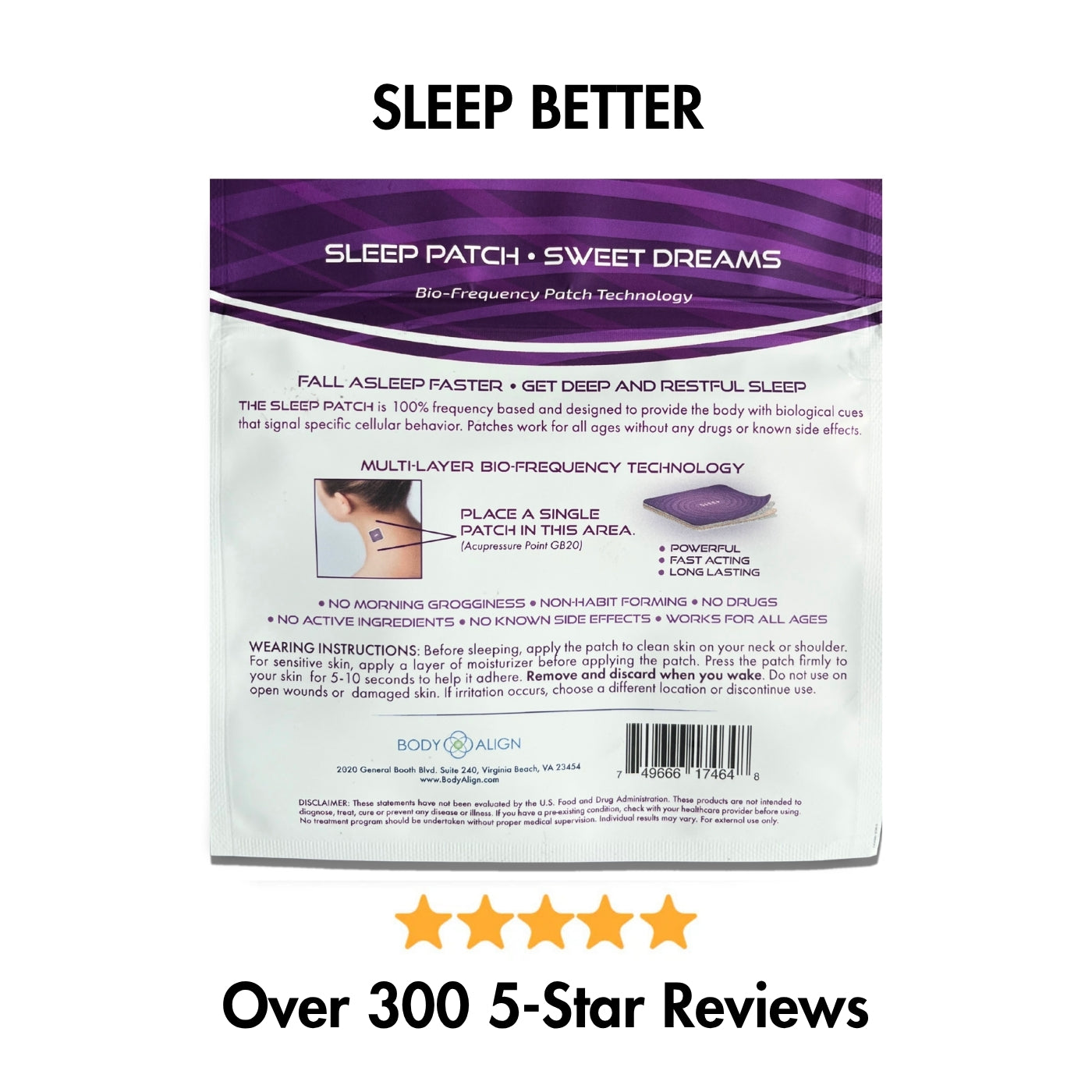 Sleep Patches packaging with claims for better sleep and positive reviews
