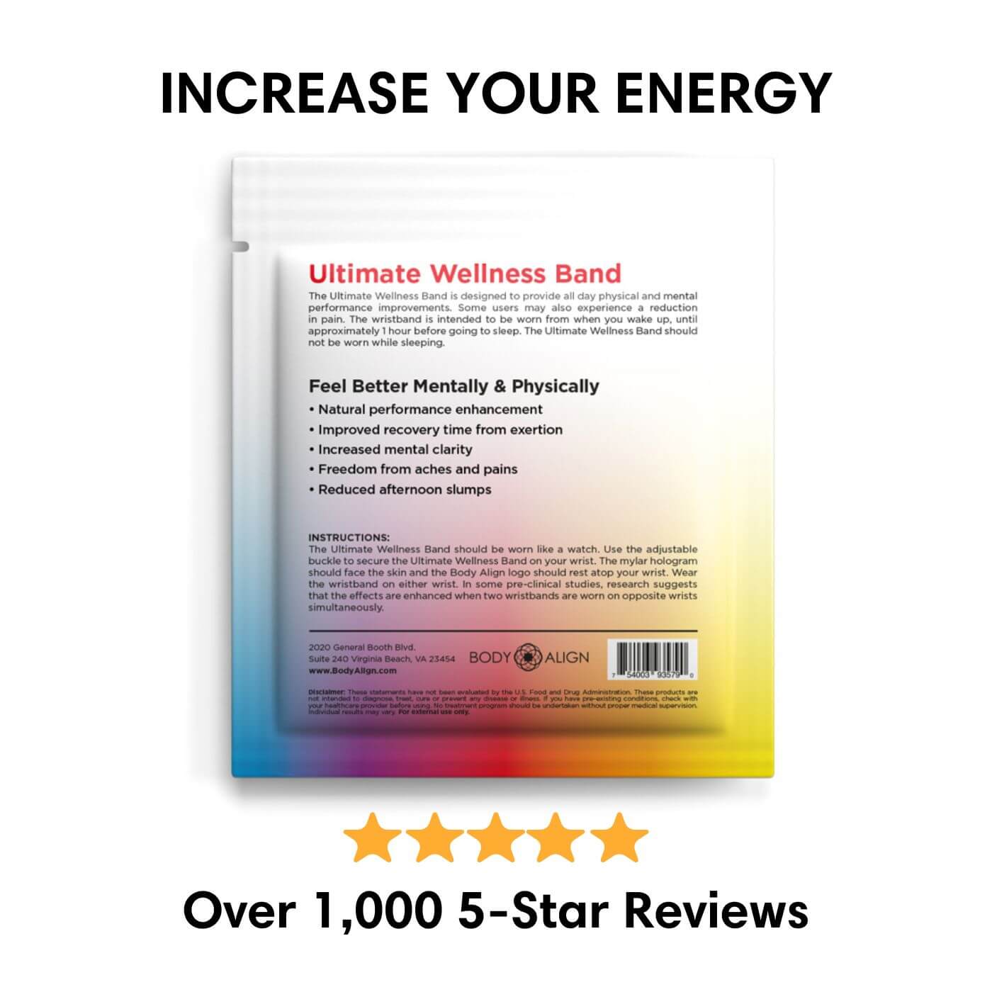 Ultimate Wellness Band packaging for an energy balance band with wellness support and over 1,000 5-star reviews.